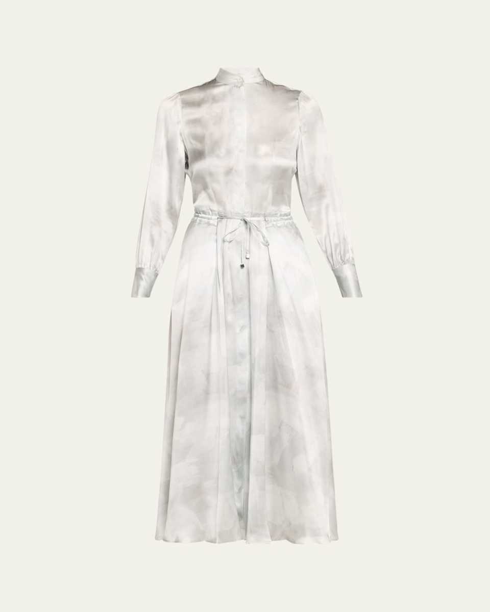 Long Sleeve Printed Drawstring Silk Dress